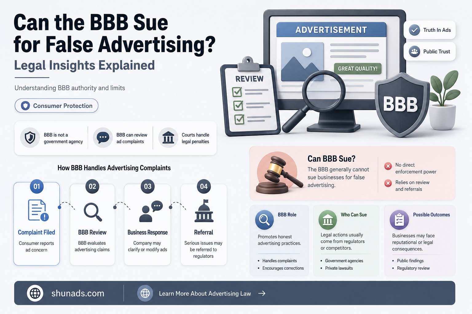 can the better buiness bureau sue false advertisments