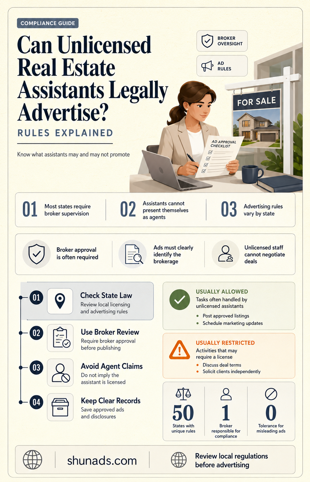 can my unlicensed real estate assistant advertise