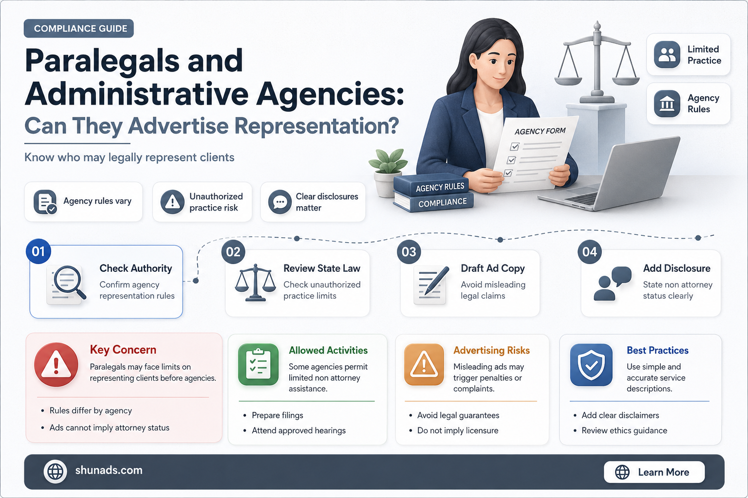 can paralegals advertise their ability to appear before administrative agencies