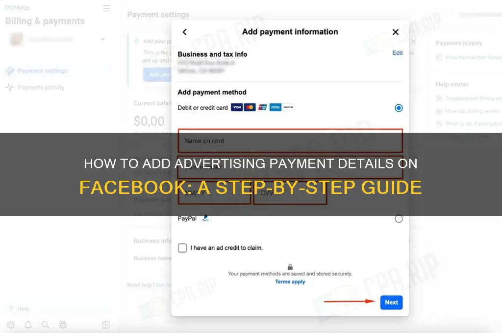 where to add advertising payment information on facebook